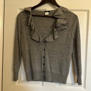 J. Crew size small gray wool cardigan sweater with flower & ruffle accent
